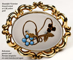 Antique Victorian 12k gold, Chalcedony, Garnet and Persian Turquoise Brooch, 2" x 1.5", EC