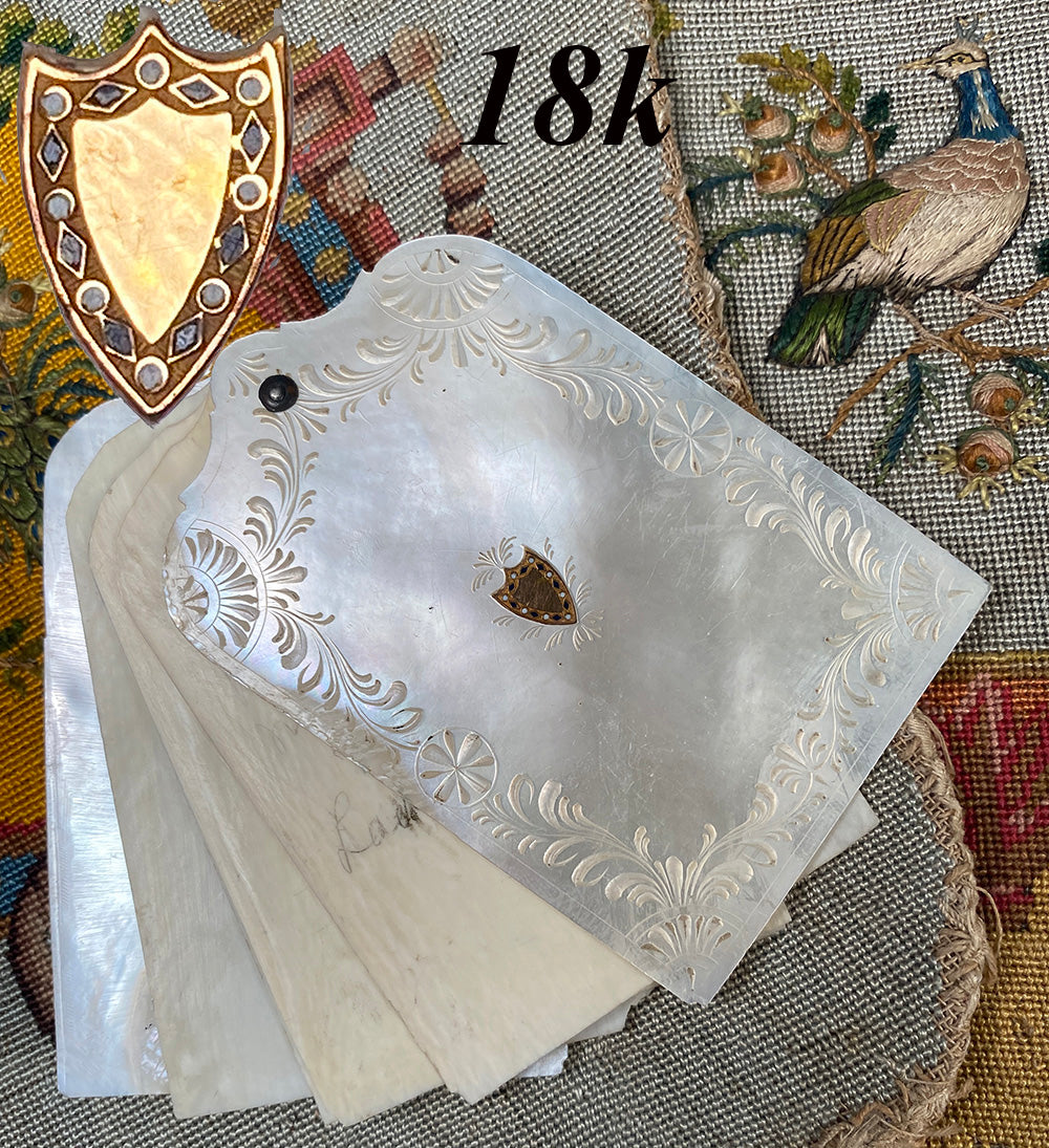 Antique French Palais Royal Mother of Pearl Carnet du Bal, Note Pad w/ 18k Shield, Aide d' Memoire