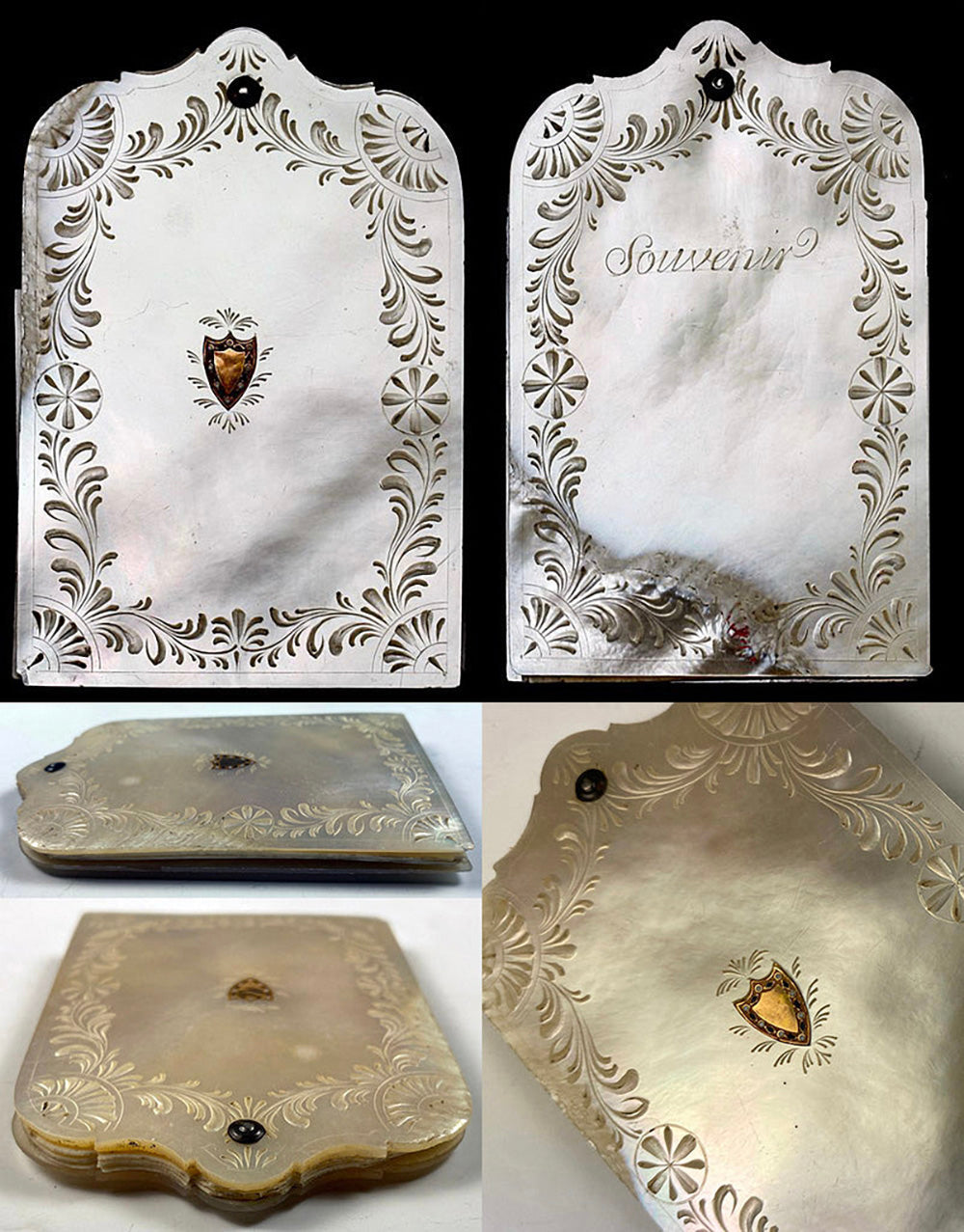 Antique French Palais Royal Mother of Pearl Carnet du Bal, Note Pad w/ 18k Shield, Aide d' Memoire