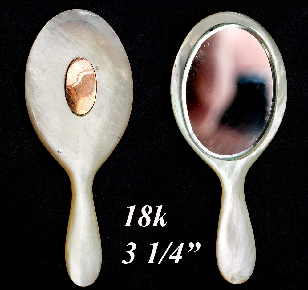 Petit Antique French Palais Royal Mother of Pearl and 18k Gold Hand Mirror, Doll Sized