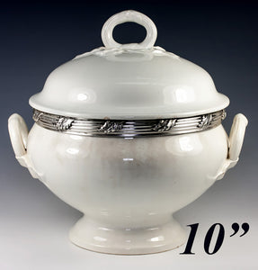 Antique French Faience Soup Tureen with Sterling Silver Collar, White Pottery