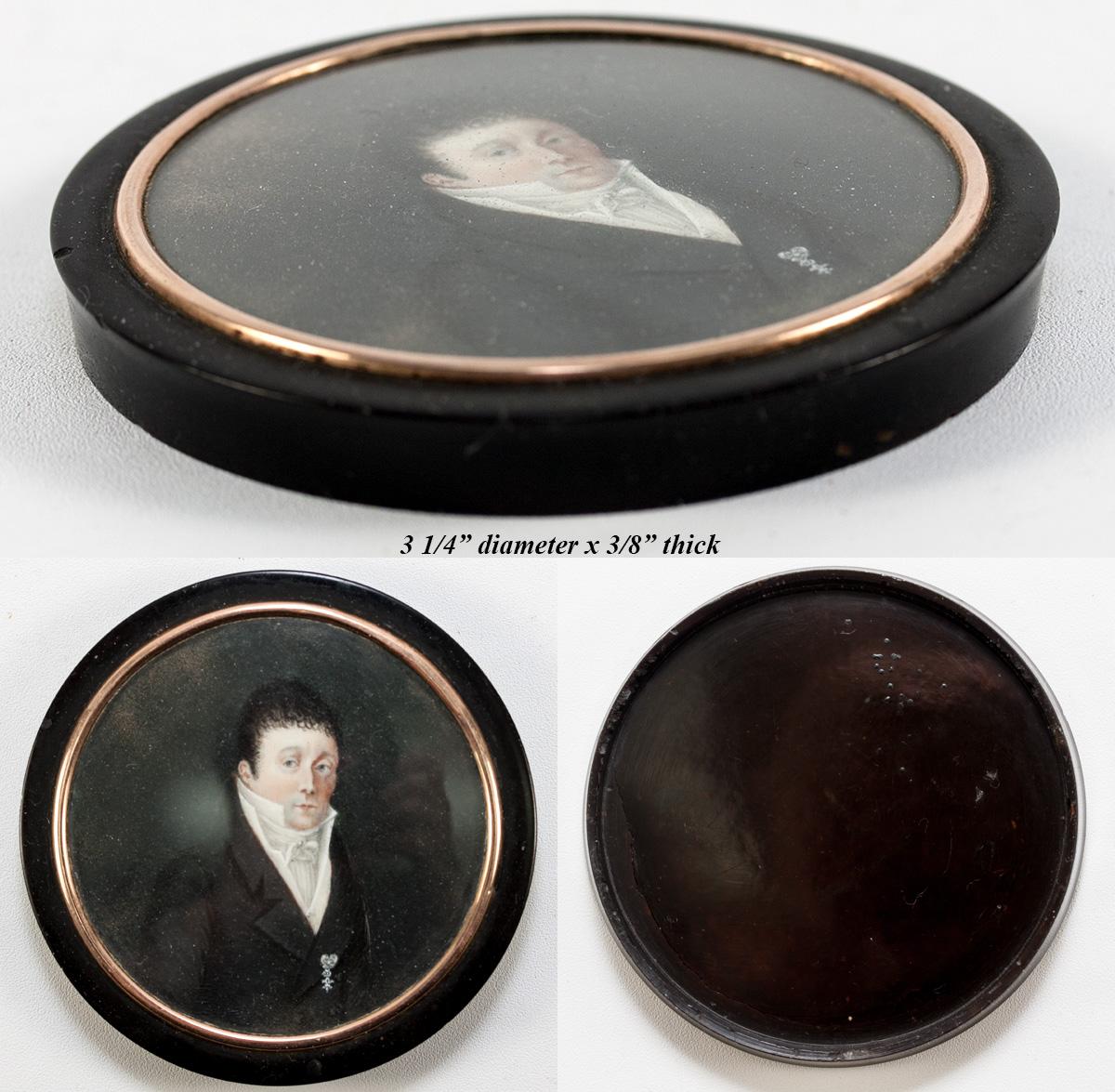 Antique French Hand Painted Portrait Miniature, Medal, in 18k Gold Mat Snuff Box