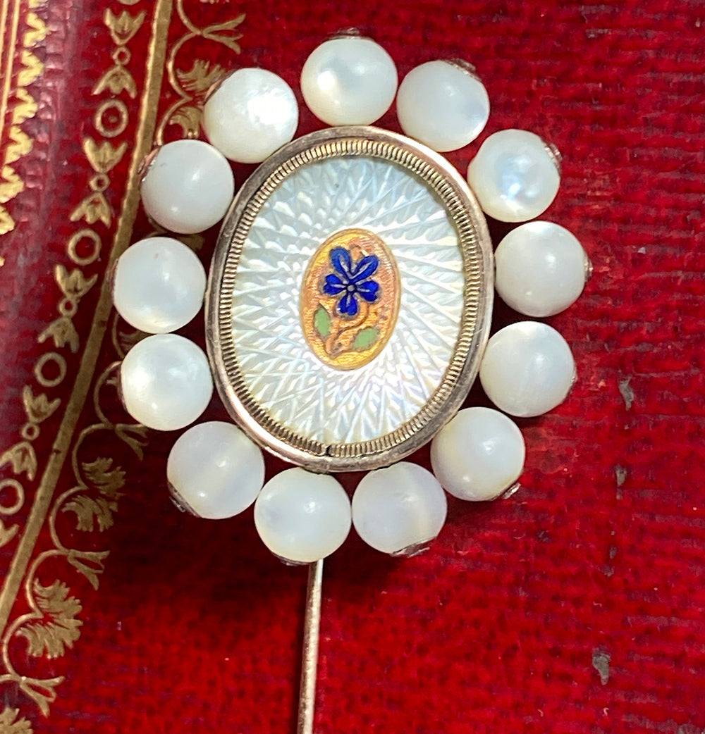 Antique French Empire 18k & Mother of Pearl Palais Royal Jewelry, Stick or Lapel Pin, c.1800-1810