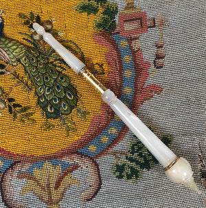 Antique Palais Royal Crochet Hook, Tambour, Mother of Pearl 12k Gold Self-encasing Case, Handle