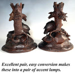 Antique Pair of Large 11.5" Tall Hand Carved Swiss Black Forest Candle Stands or Lamp Base