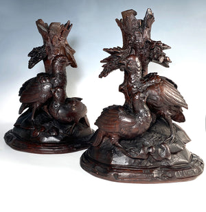 Antique Pair of Large 11.5" Tall Hand Carved Swiss Black Forest Candle Stands or Lamp Base