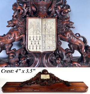 Superb Antique Hand Carved 25.5" Fronton, Crest w Lions, Crown Helmet, Family Crest