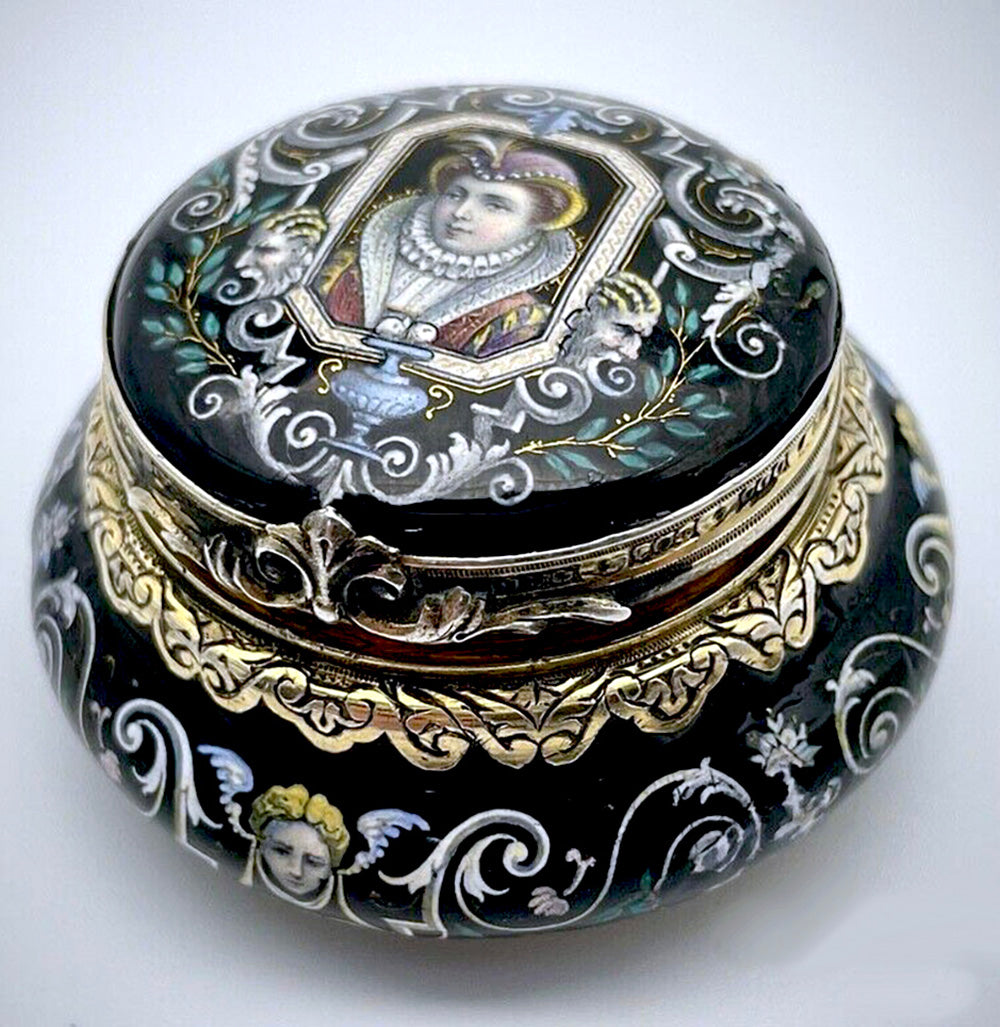Stunning Antique 19th Century French Limoges Kiln-fired Enamel Patch or BonBon Box, Neo-Renaissance