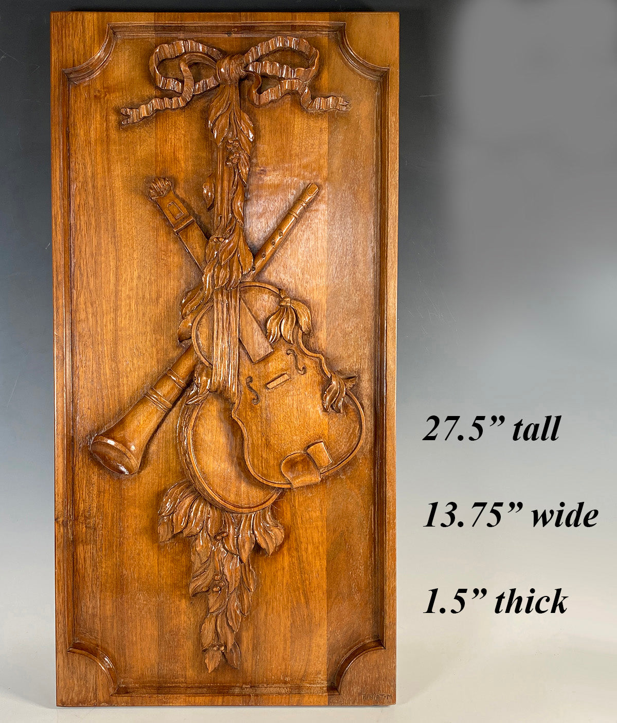 Antique Hand Carved French 27.5" Cabinetry Door or Panel, Rare Musical Instruments Theme