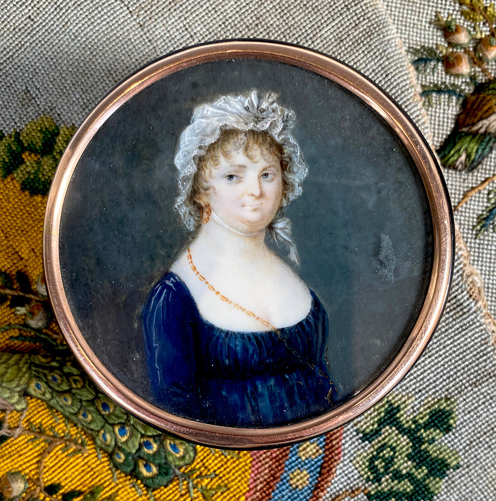 Fine 18th Century French Portrait Miniature, Lace Bonnet Lady, Tortoise Shell Snuff Box