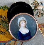 Fine 18th Century French Portrait Miniature, Lace Bonnet Lady, Tortoise Shell Snuff Box
