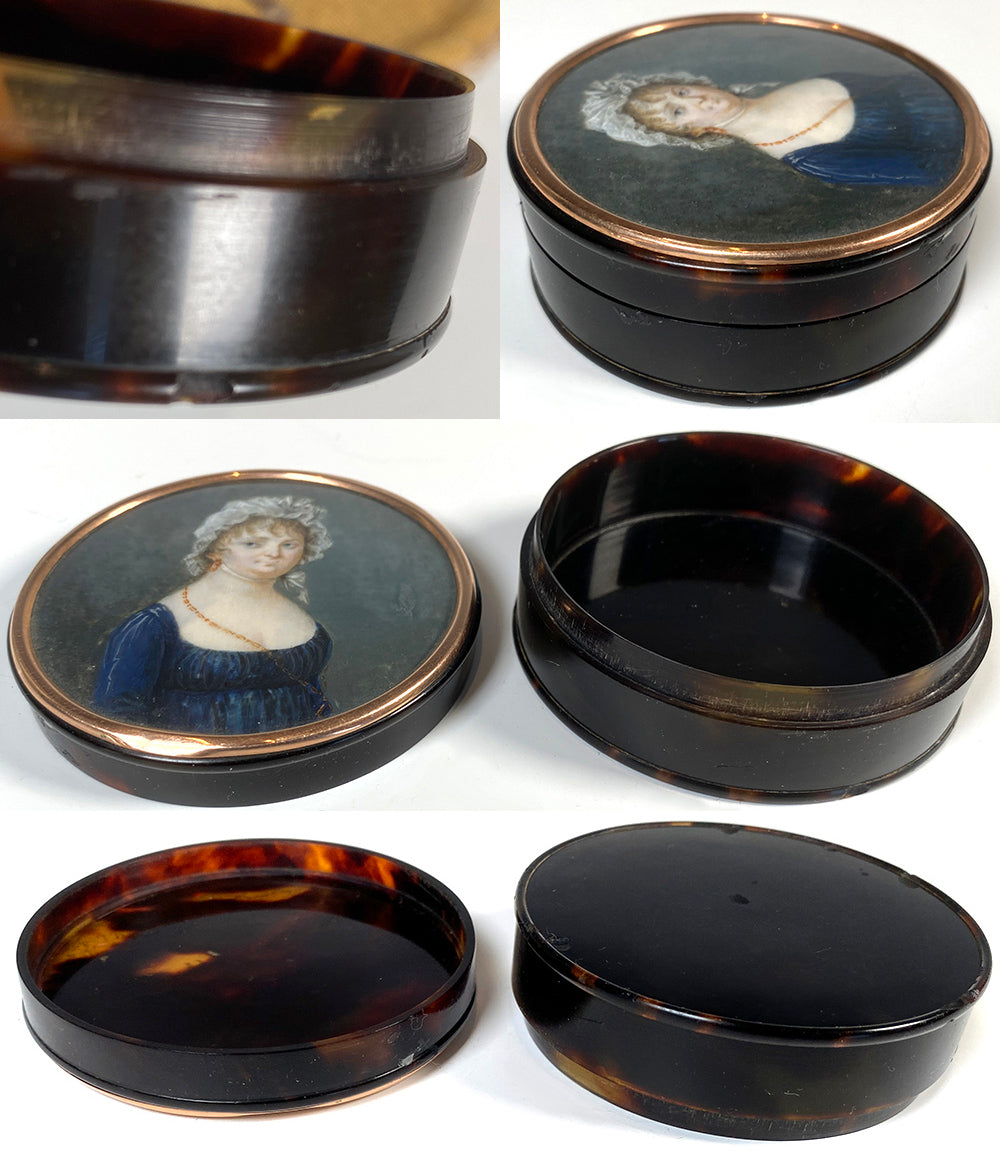 Tortoise Shell Snuff Box Fine 18th Century French Portrait Miniature, Lace Bonnet Lady, Tortois ...