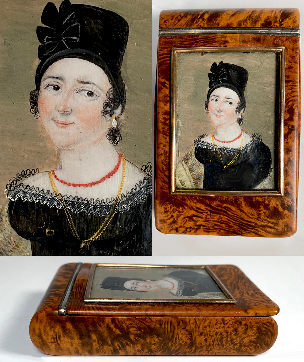 Rare c.1814 Antique French Empire Portrait Miniature on Fine Burl Snuff Box, Red Coral Jewelry