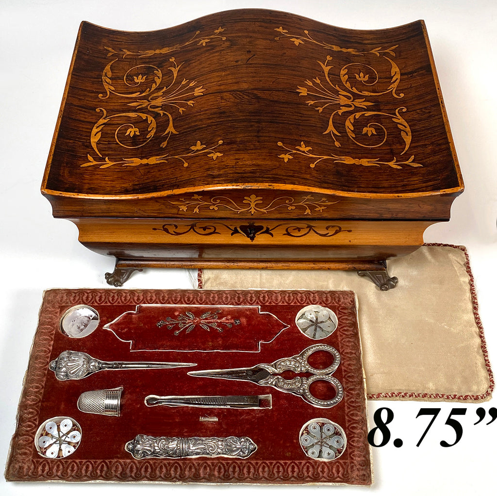 Antique French c.1820s Palais Royal Sewing and Music Box, Marquetry Casket, Silver and Mother of Pearl Tools
