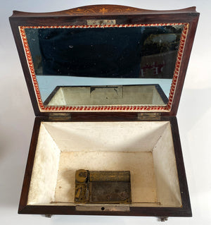 Antique French c.1820s Palais Royal Sewing and Music Box, Marquetry Casket, Silver and Mother of Pearl Tools