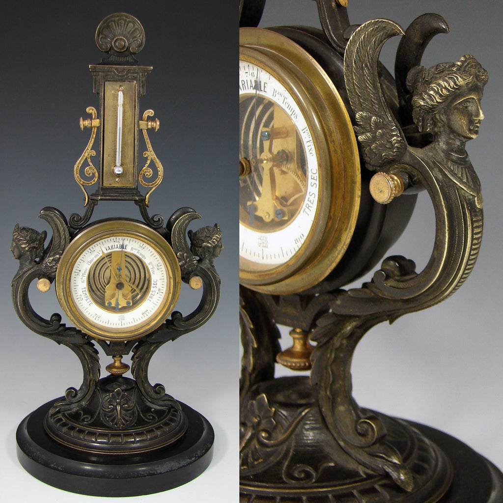 Antique French Napoleon III Era Bronze 11.5" Barometer & Thermometer Stand, Winged Figures