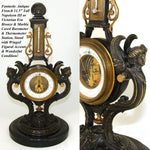 Antique French Napoleon III Era Bronze 11.5" Barometer & Thermometer Stand, Winged Figures