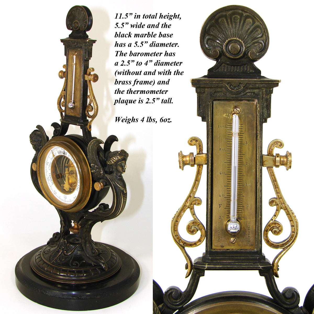 Antique French Napoleon III Era Bronze 11.5" Barometer & Thermometer Stand, Winged Figures