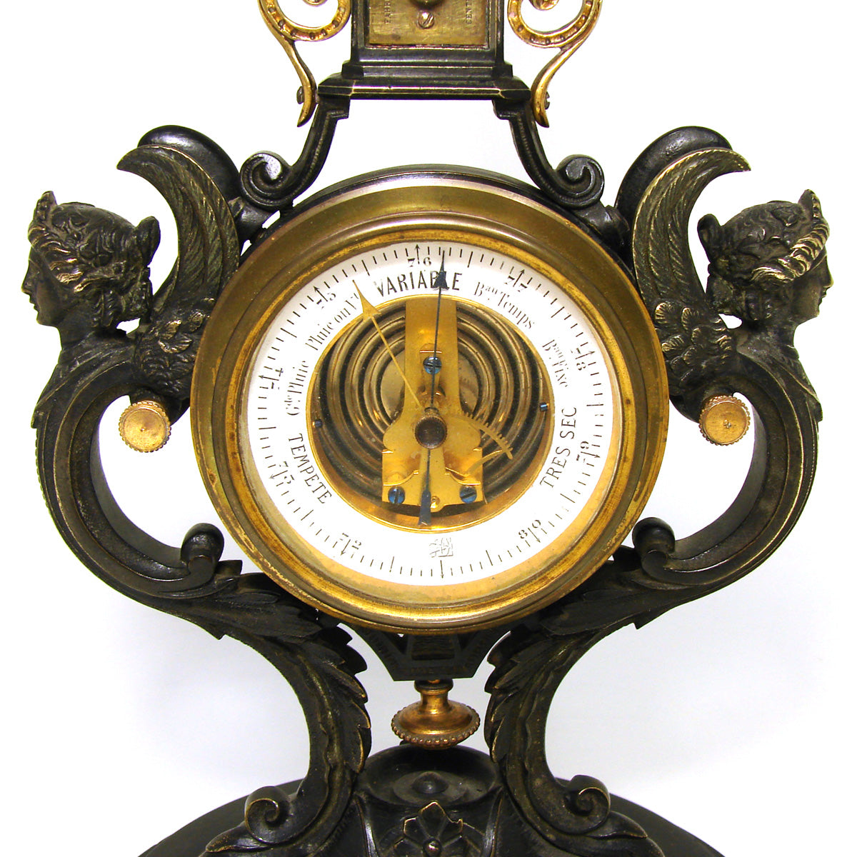 Antique French Napoleon III Era Bronze 11.5" Barometer & Thermometer Stand, Winged Figures