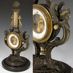 Antique French Napoleon III Era Bronze 11.5" Barometer & Thermometer Stand, Winged Figures