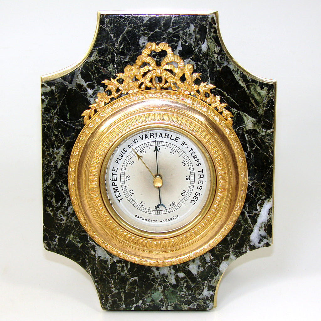 Antique French Empire Style Gilt Bronze & Green Marble 7" Barometer, Easel Stand