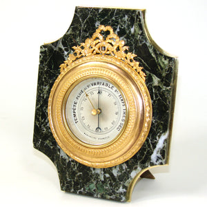 Antique French Empire Style Gilt Bronze & Green Marble 7" Barometer, Easel Stand