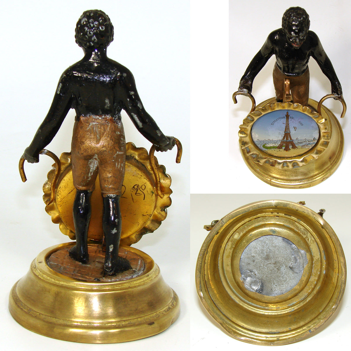 Rare Antique French 1889 World Expo Eiffel Tower Souvenir Pocket Watch Stand, a Blackamoor Figure