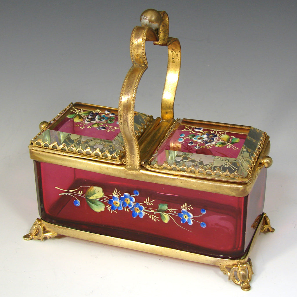 Antique French Jewel Casket, Box, Basket Shape in Cranberry or Ruby Glass & Ormolu, HP Floral Enamel