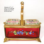 Antique French Jewel Casket, Box, Basket Shape in Cranberry or Ruby Glass & Ormolu, HP Floral Enamel