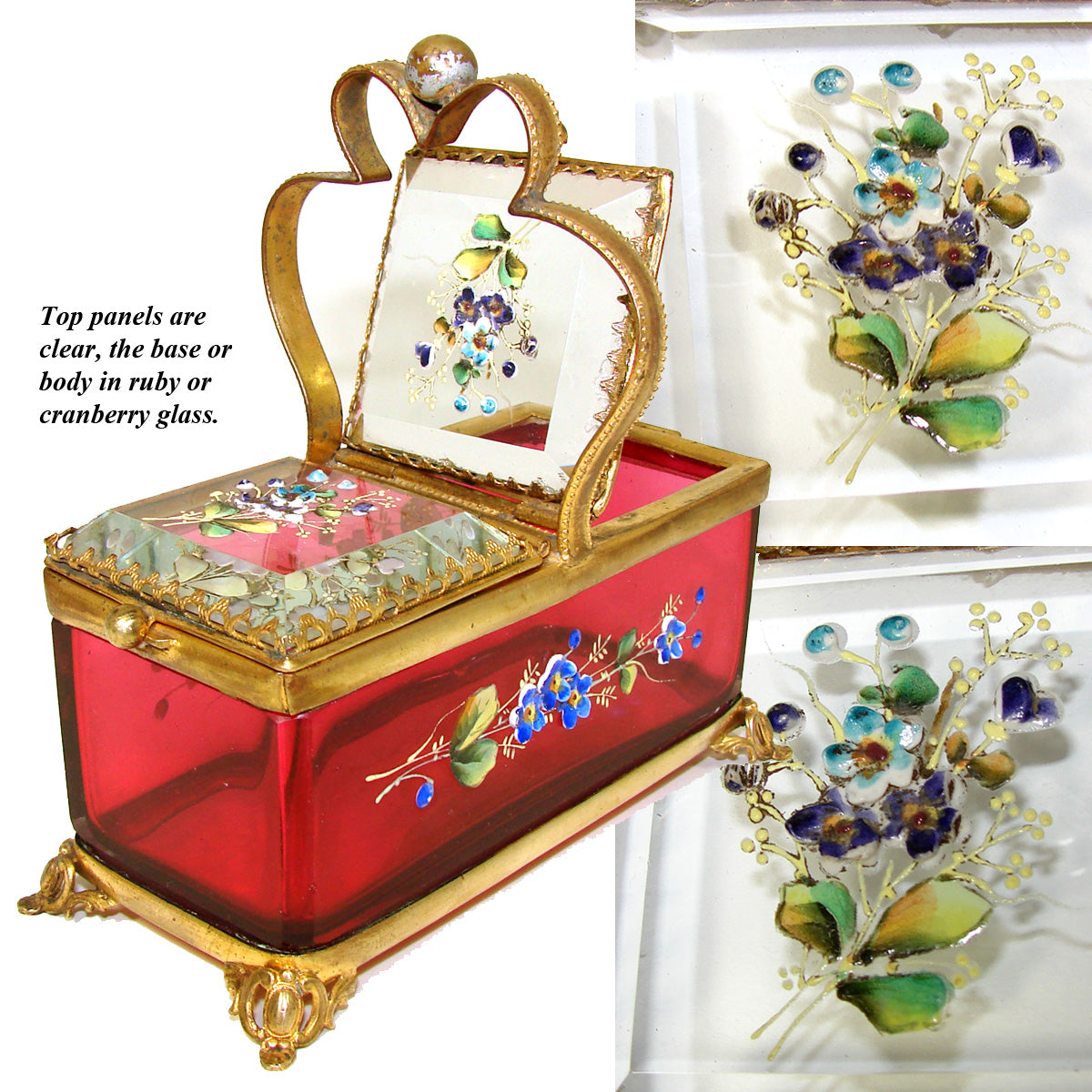 Antique French Jewel Casket, Box, Basket Shape in Cranberry or Ruby Glass & Ormolu, HP Floral Enamel