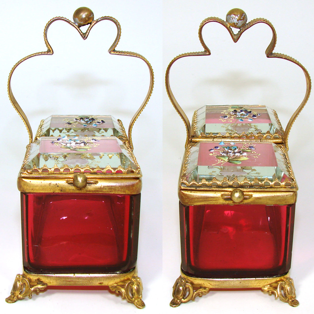 Antique French Jewel Casket, Box, Basket Shape in Cranberry or Ruby Glass & Ormolu, HP Floral Enamel