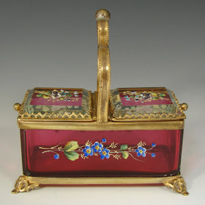 Antique French Jewel Casket, Box, Basket Shape in Cranberry or Ruby Glass & Ormolu, HP Floral Enamel