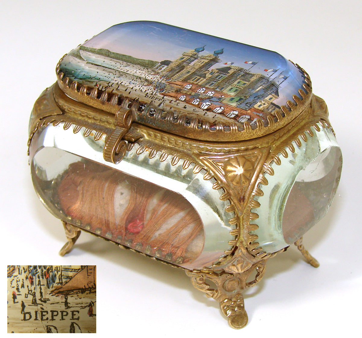 Antique French Grand Tour Style Beveled Glass & Ormolu Souvenir Casket, Dieppe France