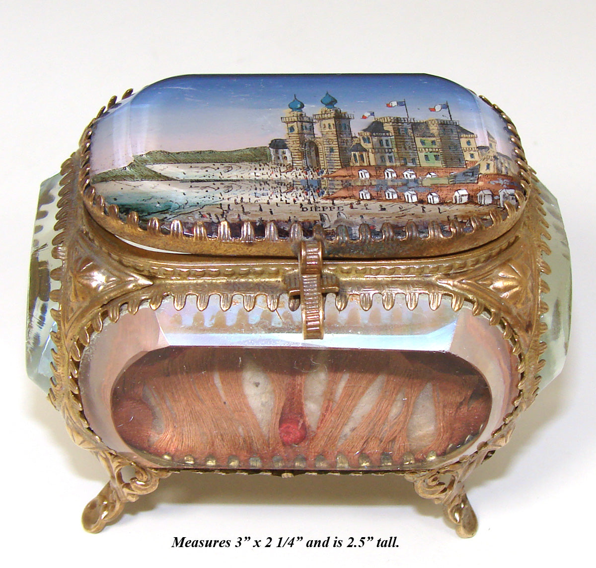 Antique French Grand Tour Style Beveled Glass & Ormolu Souvenir Casket, Dieppe France