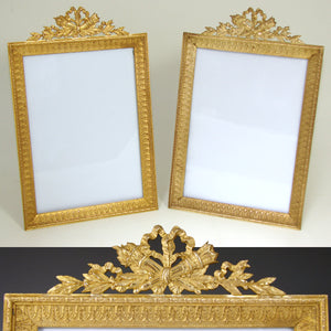 Antique French Empire Style 9.25" Picture Frame PAIR, Bow & Ribbon, Torch & Quiver Finials