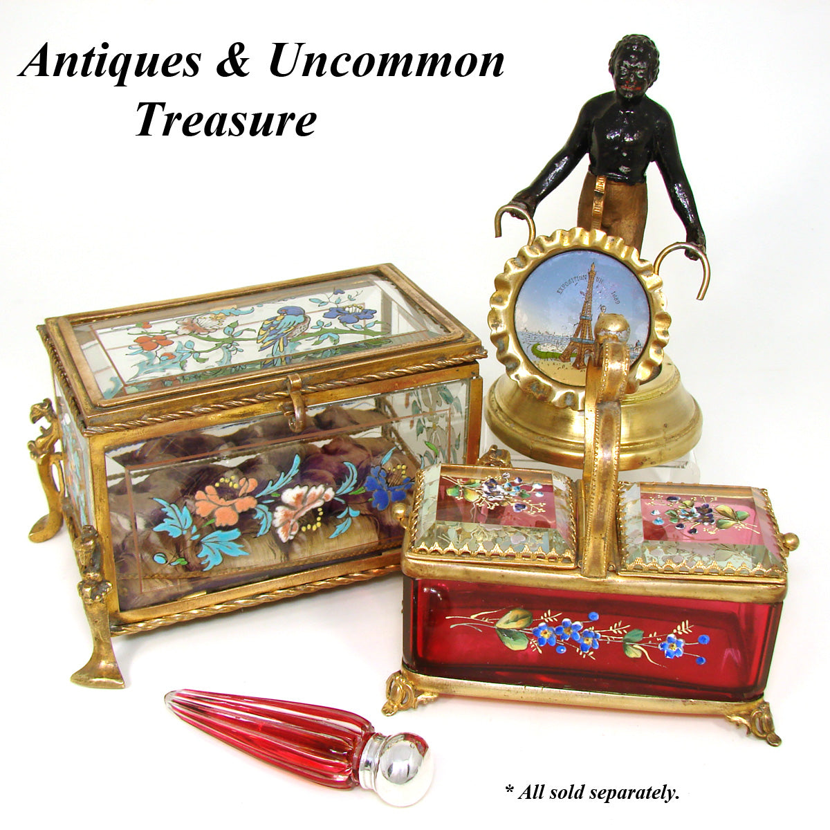 Antique French Napoleon III Era LeGras(?) Bronze & Enameled Glass Jewelry Casket, Marked "Marquis"