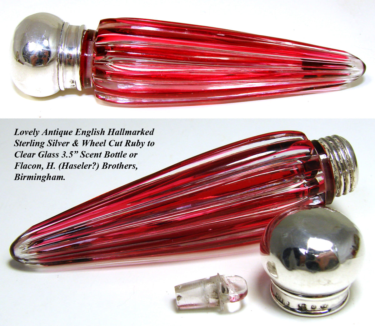 Antique English Sterling Silver & Cut Ruby to Clear Glass Scent or Perfume Bottle, Flask or Flacon