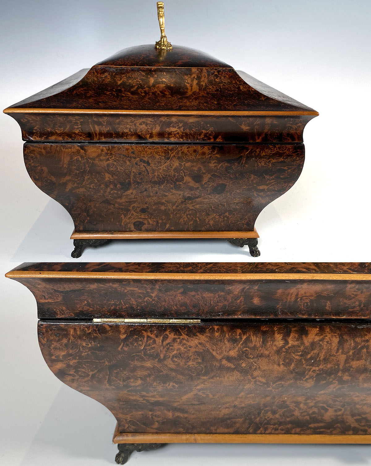 Opulent Antique c.1820s French Burl Veneer Sarcophagus 13" Trousseau Box, Casket, Chest