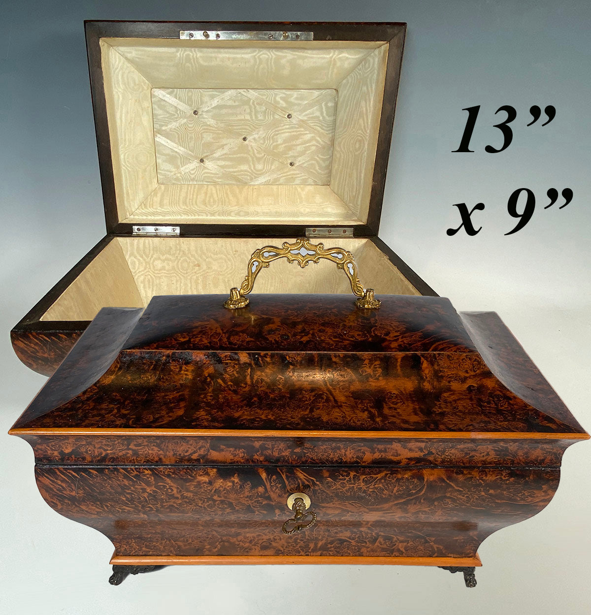 Opulent Antique c.1820s French Burl Veneer Sarcophagus 13" Trousseau Box, Casket, Chest