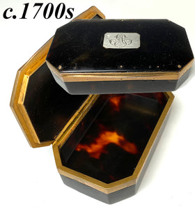 Antique 18th Century French Snuff Box in Tortoise Shell and Bronze, Silver Cartouche