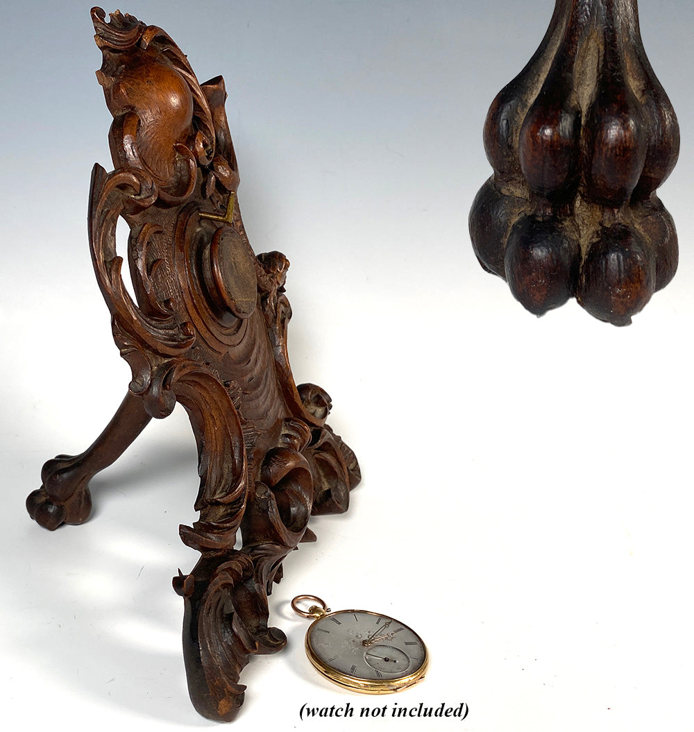 Antique French Hand Carved Wood 8.25" Pocket Watch or Jewelry Stand, Carved Paw Easel Back