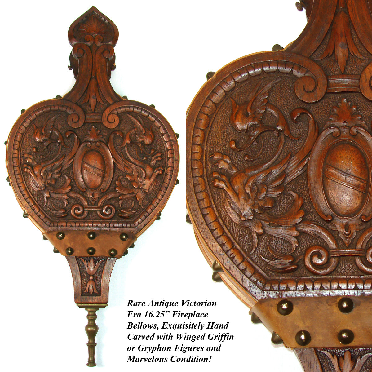 Rare Antique Victorian Era Carved 16.25" Fireplace Bellows, Highly Ornate with Winged Griffin Figures