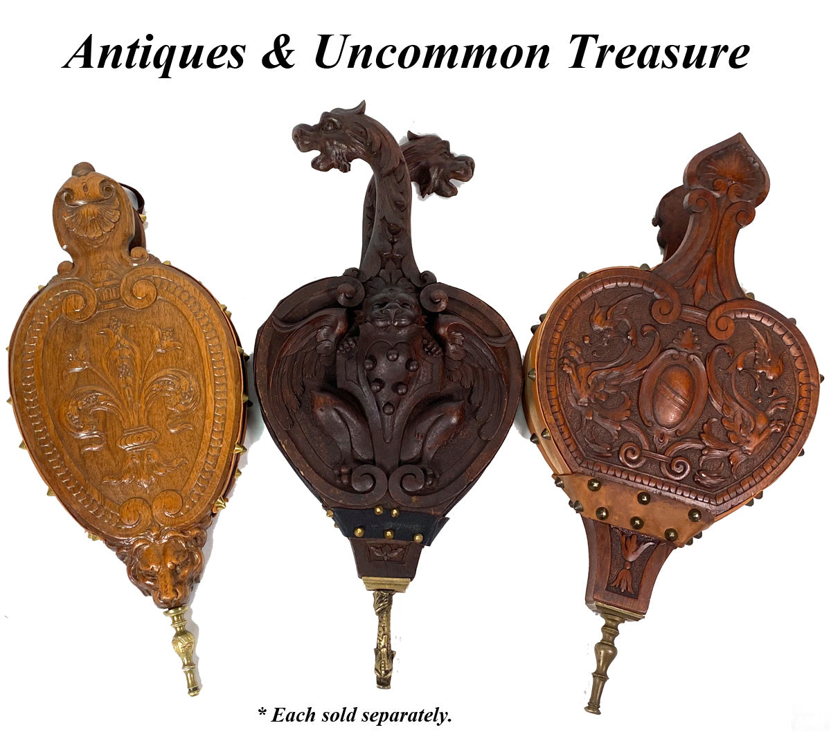 Rare Antique Victorian Era Carved 16.25" Fireplace Bellows, Highly Ornate with Winged Griffin Figures