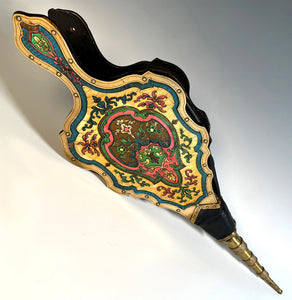 Antique 19th Century French Boulle Fireplace Bellows, 19" Long in Colorful Casein Boulle, Brass