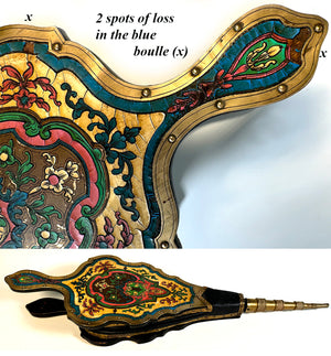 Antique 19th Century French Boulle Fireplace Bellows, 19" Long in Colorful Casein Boulle, Brass