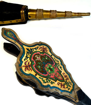 Antique 19th Century French Boulle Fireplace Bellows, 19" Long in Colorful Casein Boulle, Brass