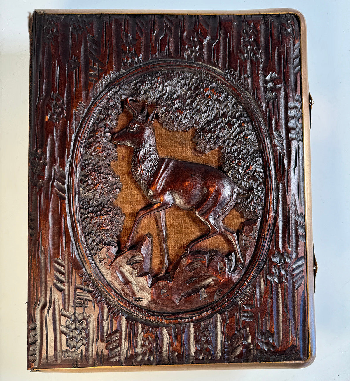 Large Antique Mid 19th Century Hand Carved Black Forest Hunt Theme Carte de Visite Photo Album