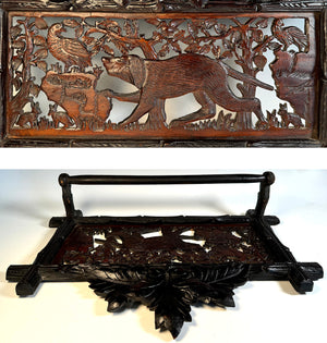 Antique Carved Swiss Black Forest Dog and Hunt Theme Plaque is a Towel Holder, Rack