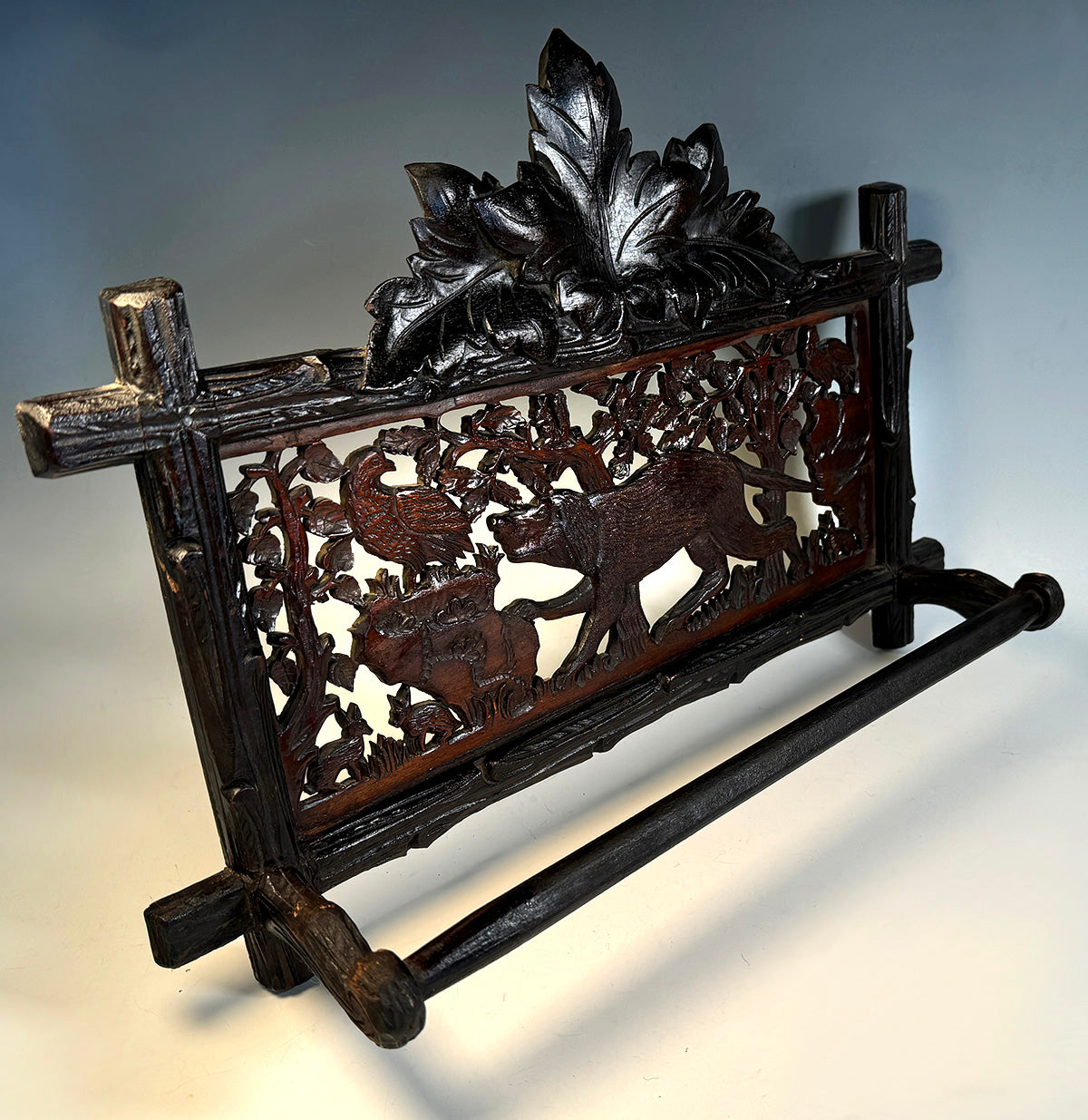 Antique Carved Swiss Black Forest Dog and Hunt Theme Plaque is a Towel Holder, Rack