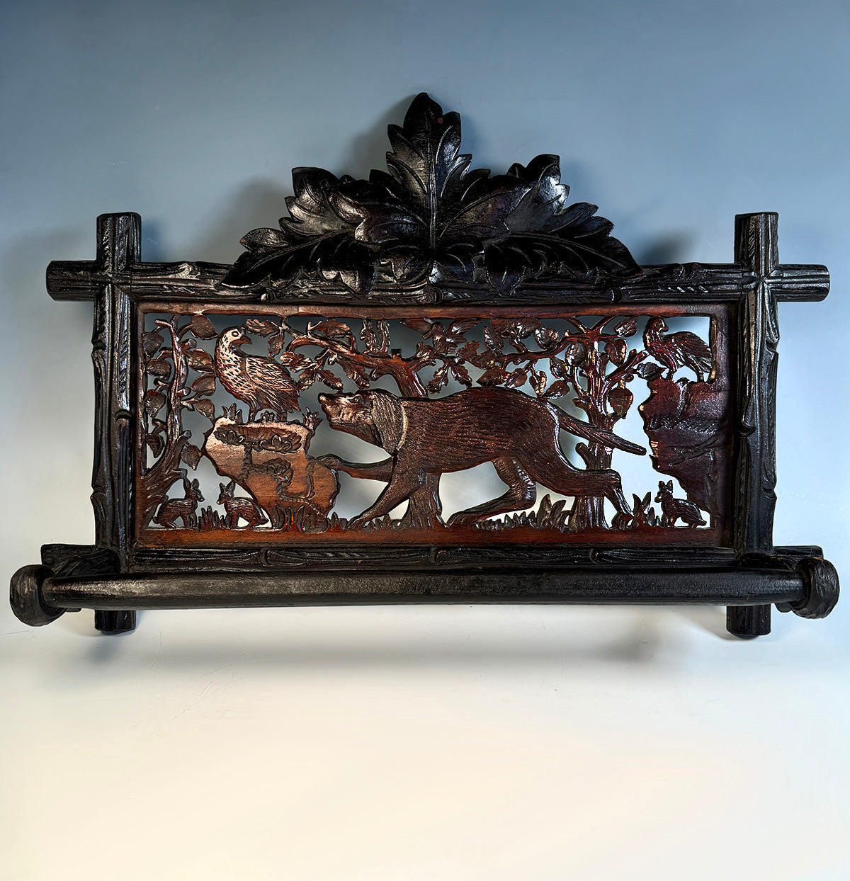 Antique Carved Swiss Black Forest Dog and Hunt Theme Plaque is a Towel Holder, Rack